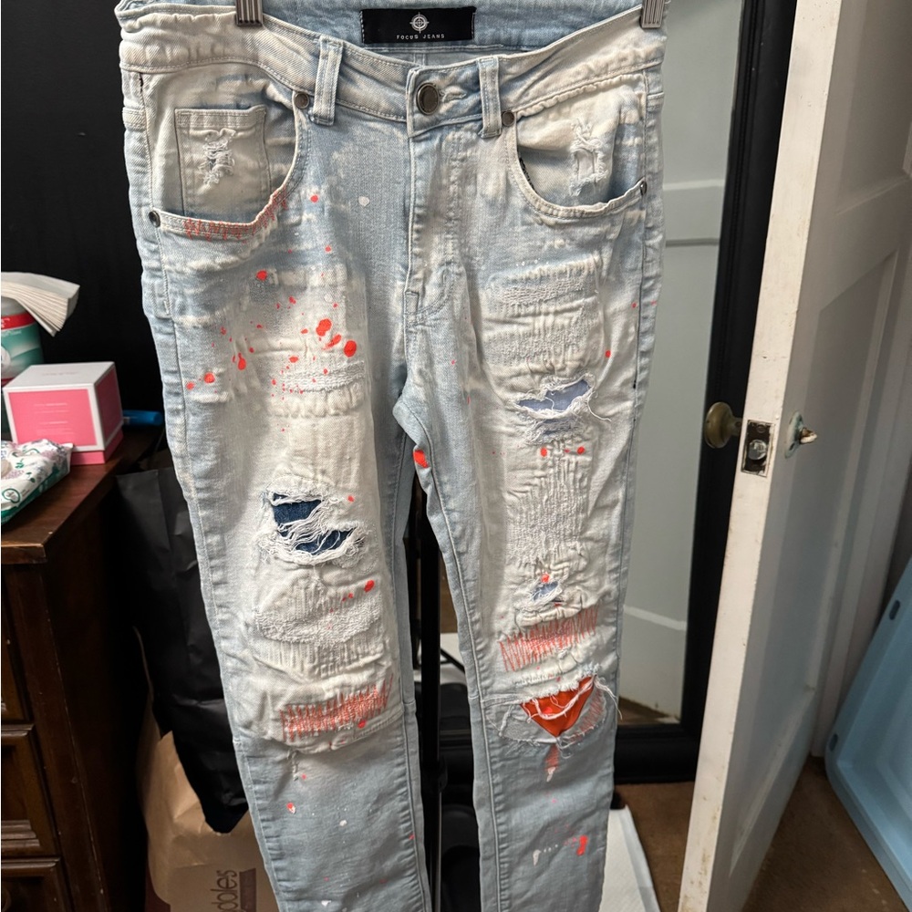 Focus Brand Distressed Light Blue Jeans with Orange Accents